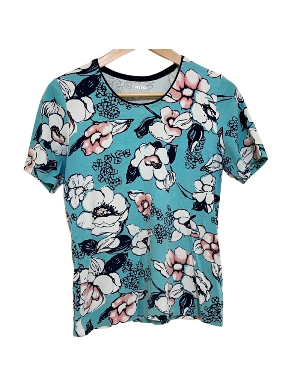 Alia Turquoise Blue Floral Scoop-Neck Short Sleeve T-Shirt – S